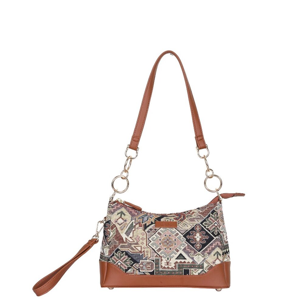 Ladies’ Geometric Tapestry Shoulder Bag | Tote Bag with Vegan Leather Handle